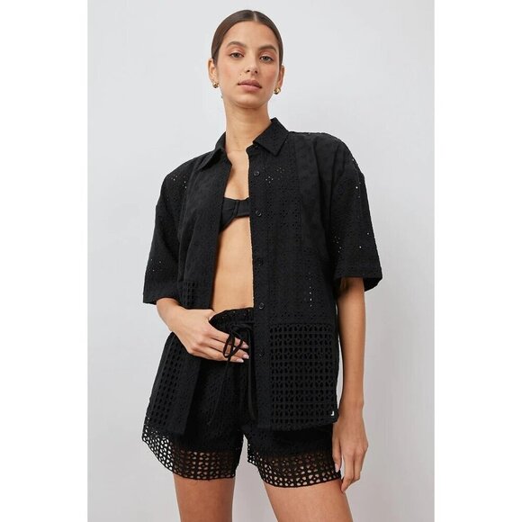 RAILS Yuri Shirt Black Eyelet Mix‎ Button Down Black Top XS Petite Summer - Picture 13 of 13